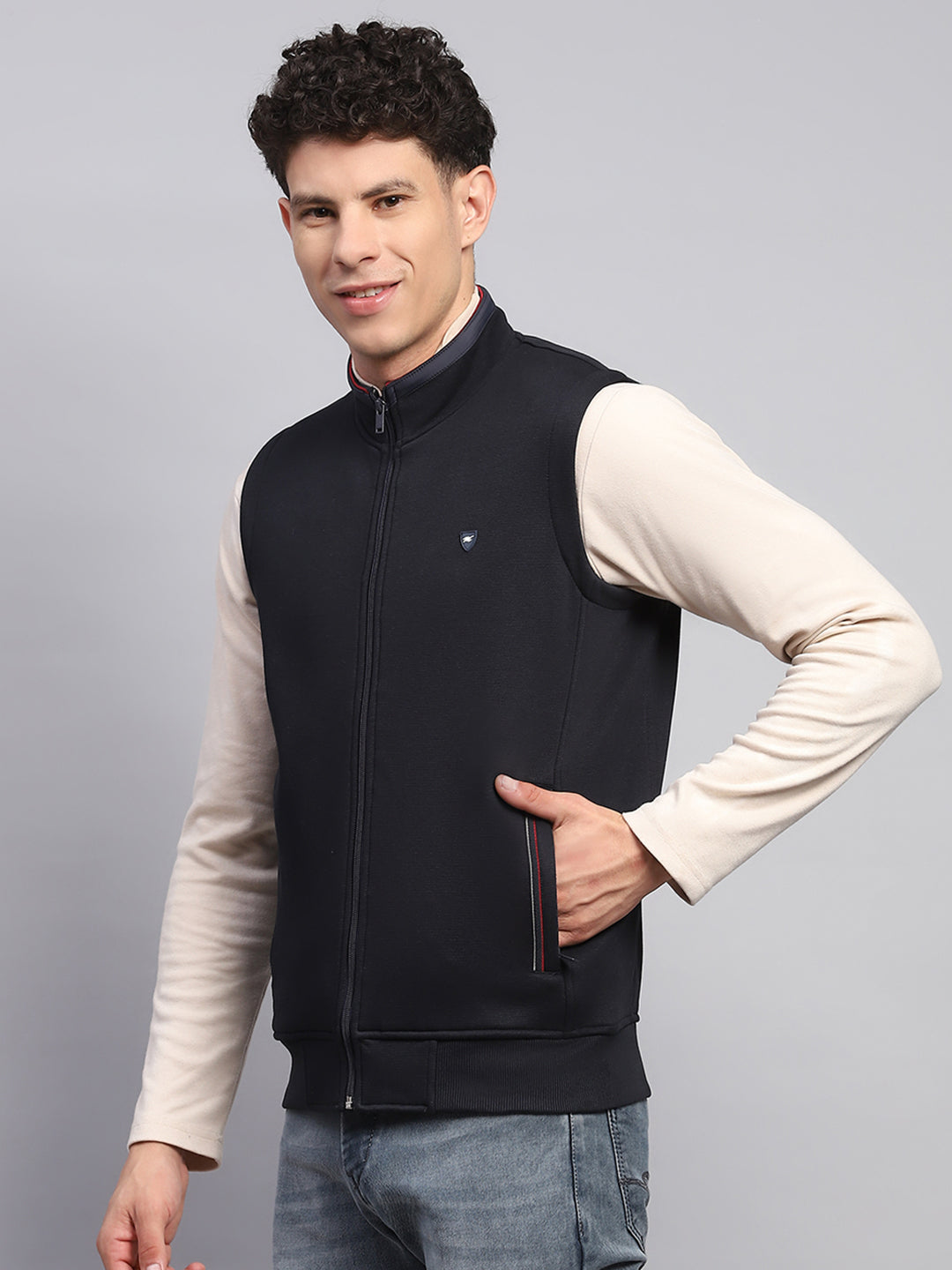 Men Navy Blue Solid Mock Neck Sleeveless Sweatshirt