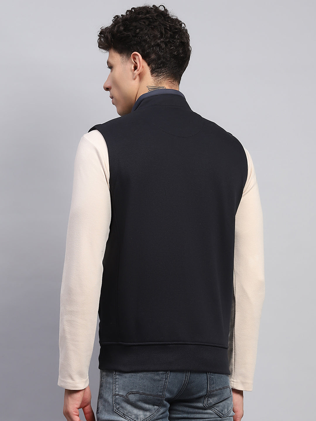 Men Navy Blue Solid Mock Neck Sleeveless Sweatshirt