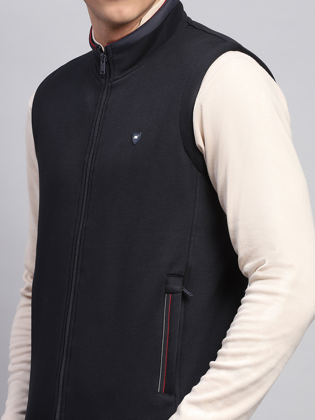 Men Navy Blue Solid Mock Neck Sleeveless Sweatshirt