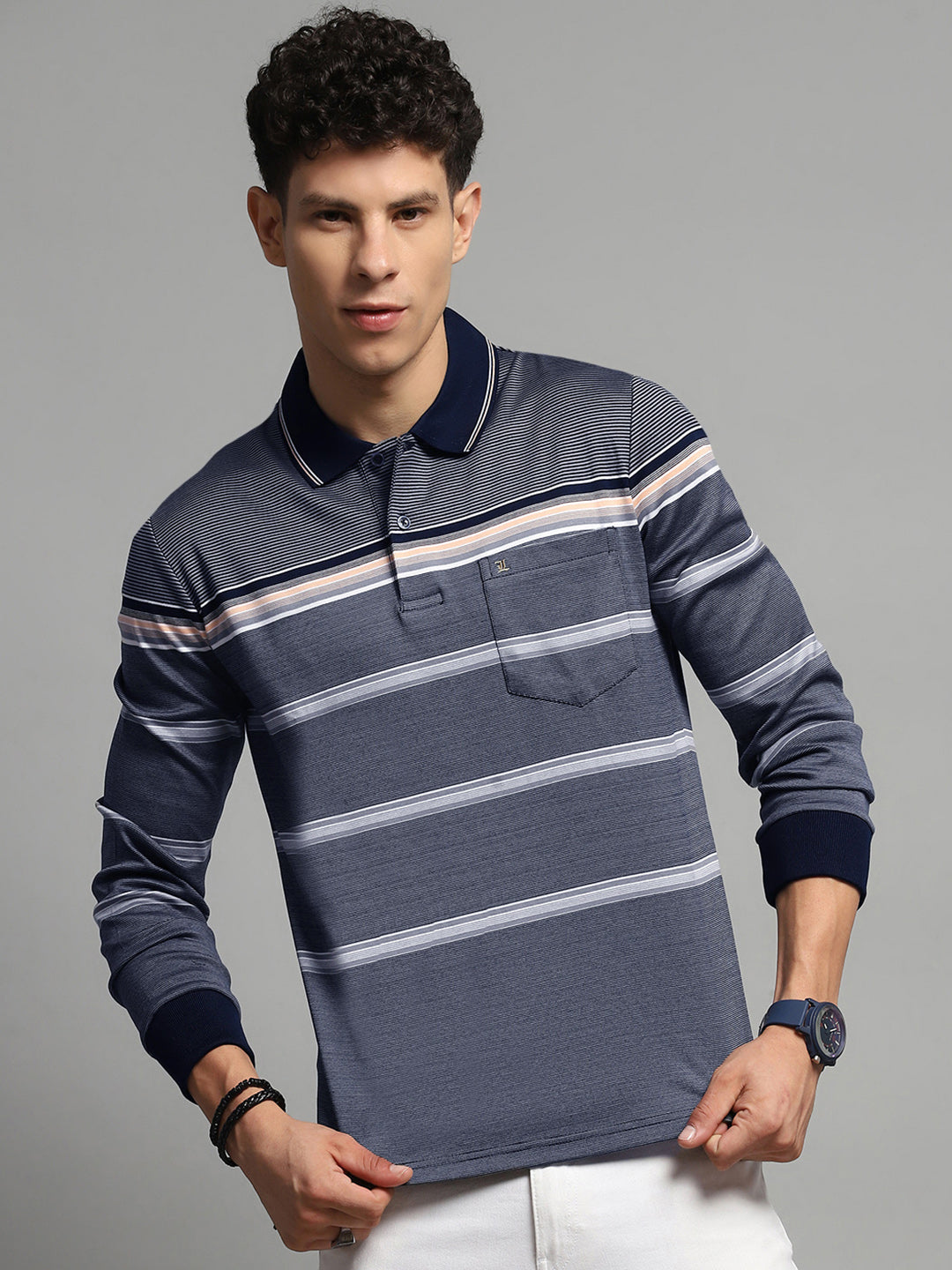 Luxuria Men Navy Blue Stripe Collar Full Sleeve Winter T-Shirt