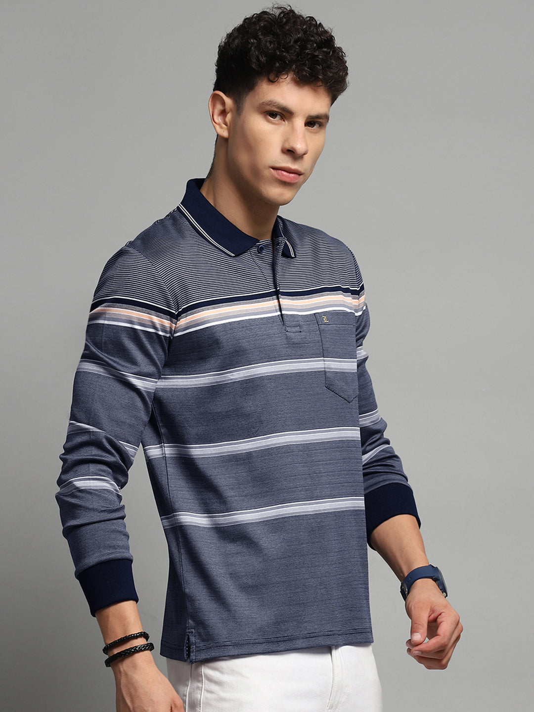 Luxuria Men Navy Blue Stripe Collar Full Sleeve Winter T-Shirt