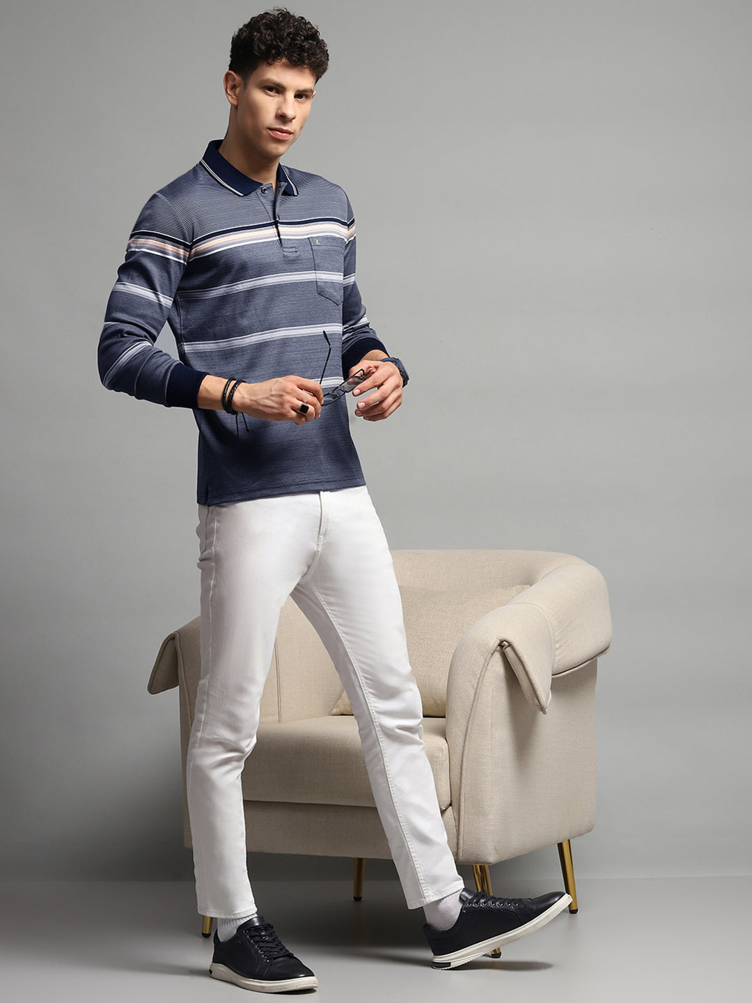 Luxuria Men Navy Blue Stripe Collar Full Sleeve Winter T-Shirt