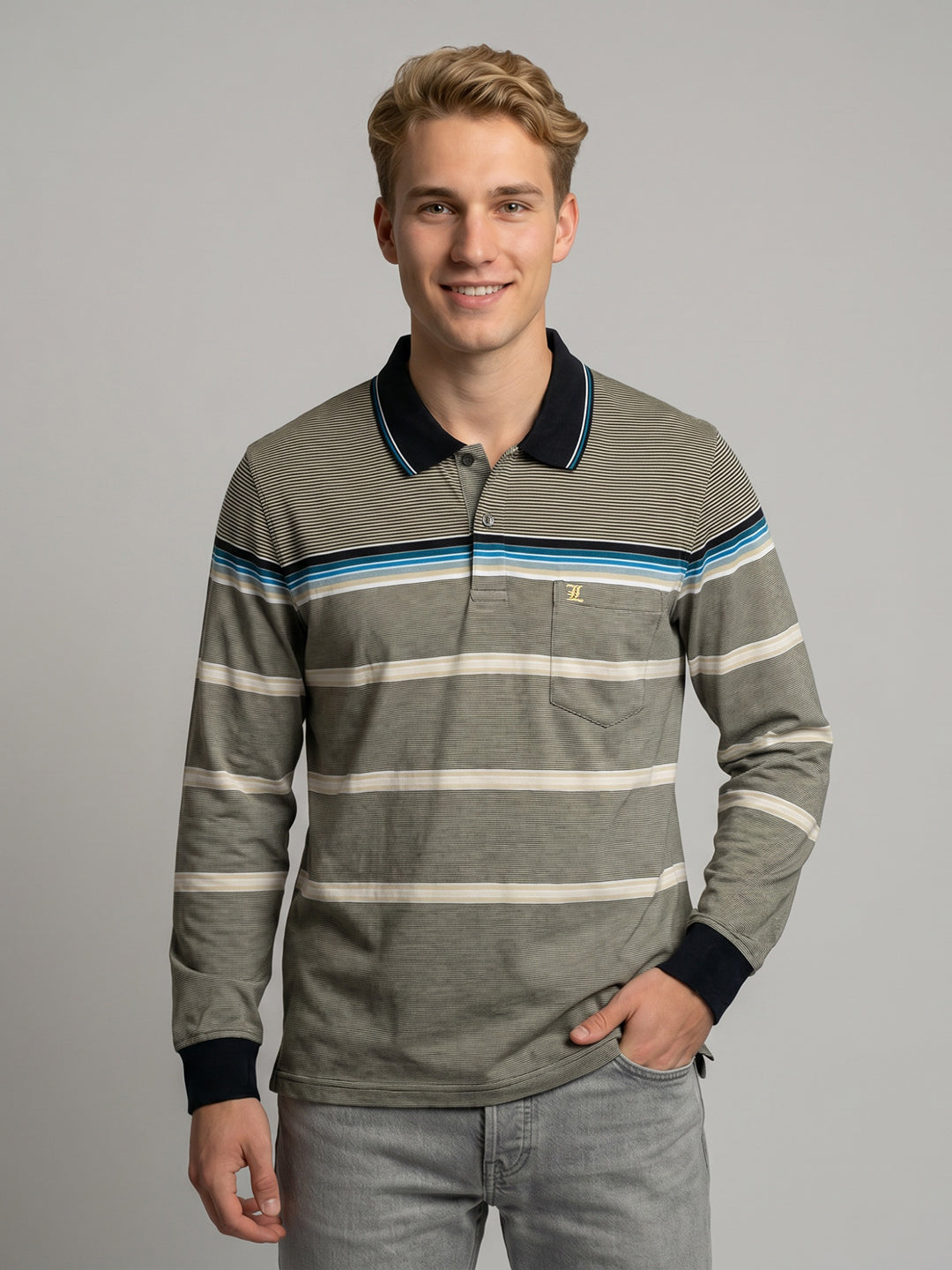 Luxuria Men Beige Stripe Polo Collar Full Sleeve Winter T-Shirt