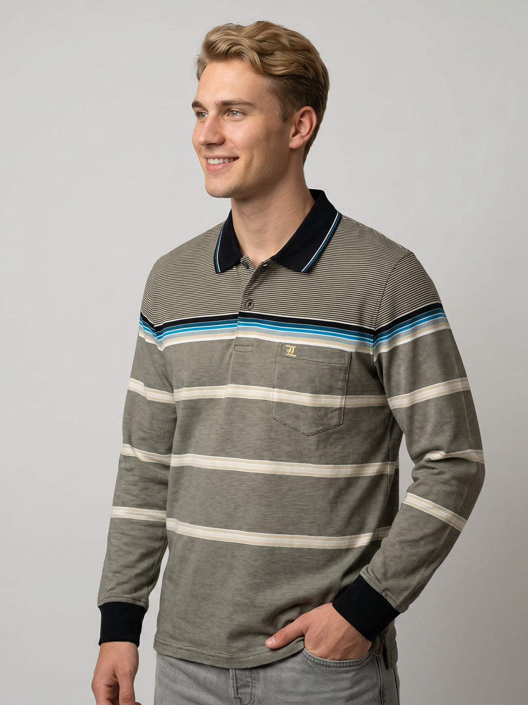 Luxuria Men Beige Stripe Polo Collar Full Sleeve Winter T-Shirt