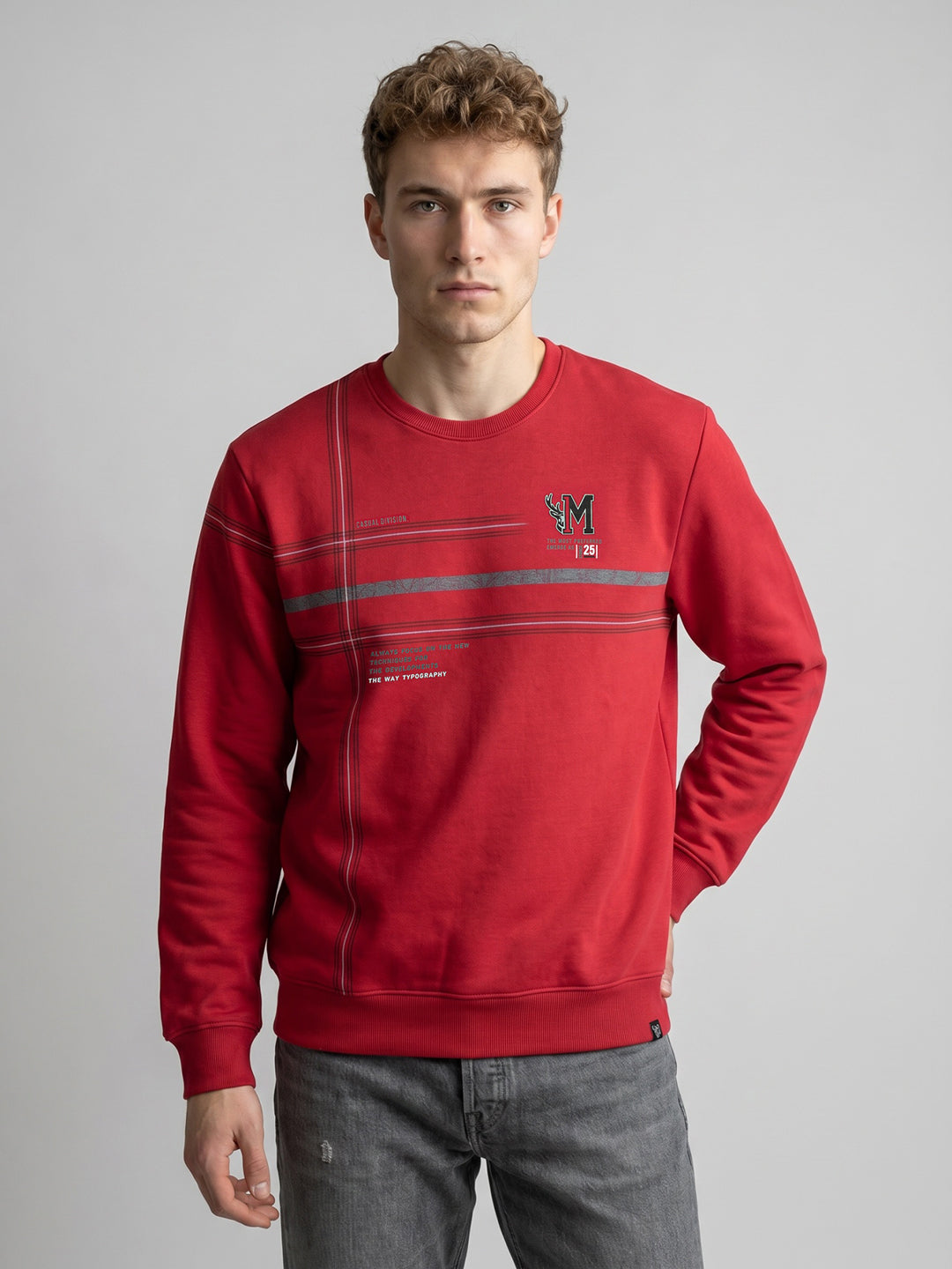 Men Red Printed Round Neck Full Sleeve Sweatshirt