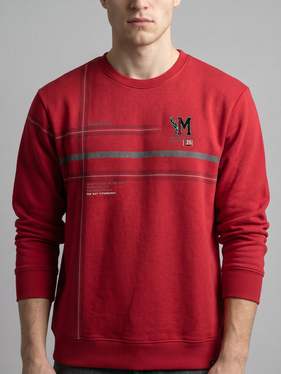 Men Red Printed Round Neck Full Sleeve Sweatshirt