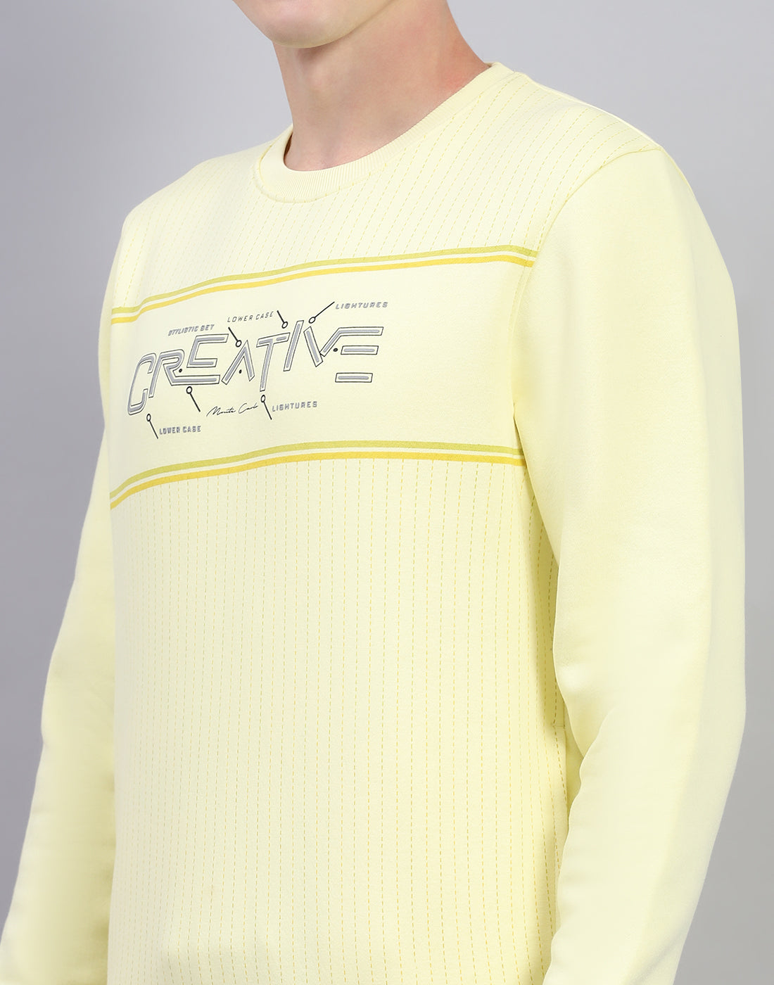 Men Yellow Printed Round Neck Full Sleeve Sweatshirt