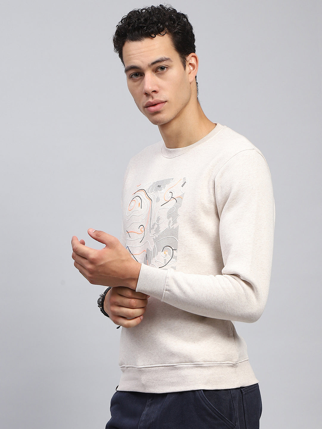 Men Cream Printed Round Neck Full Sleeve Sweatshirt