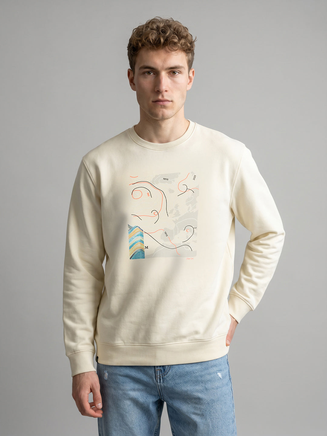 Men Yellow Printed Round Neck Full Sleeve Sweatshirt