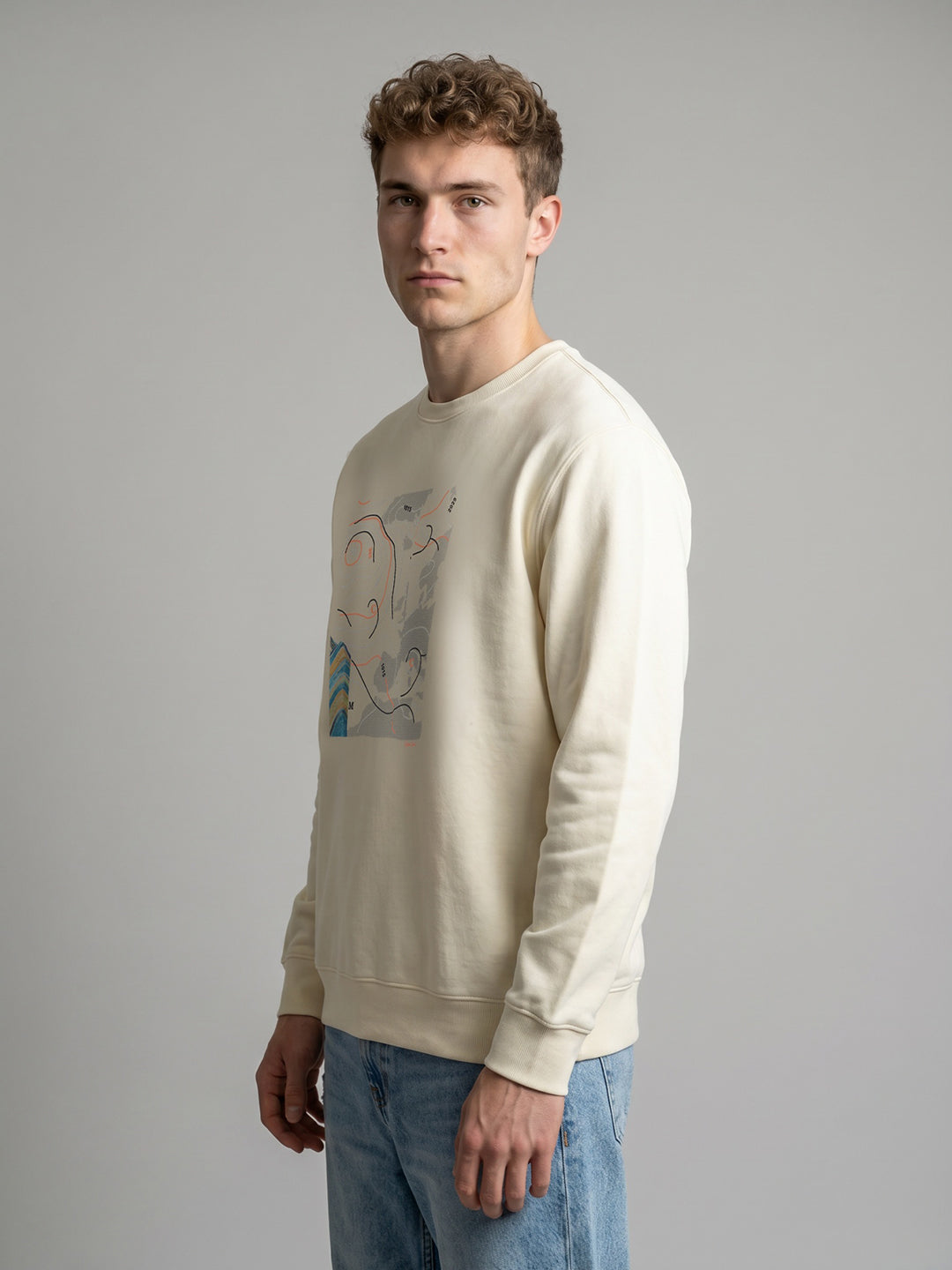 Men Yellow Printed Round Neck Full Sleeve Sweatshirt