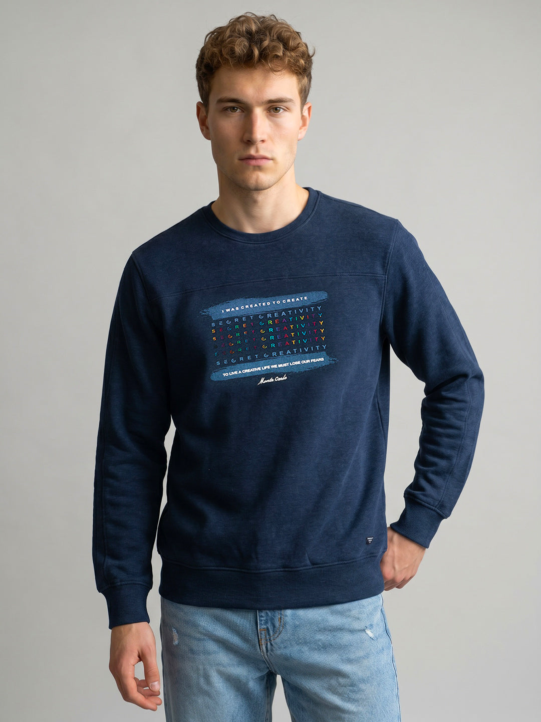 Men Blue Typography Print Round Neck Full Sleeve Sweatshirt