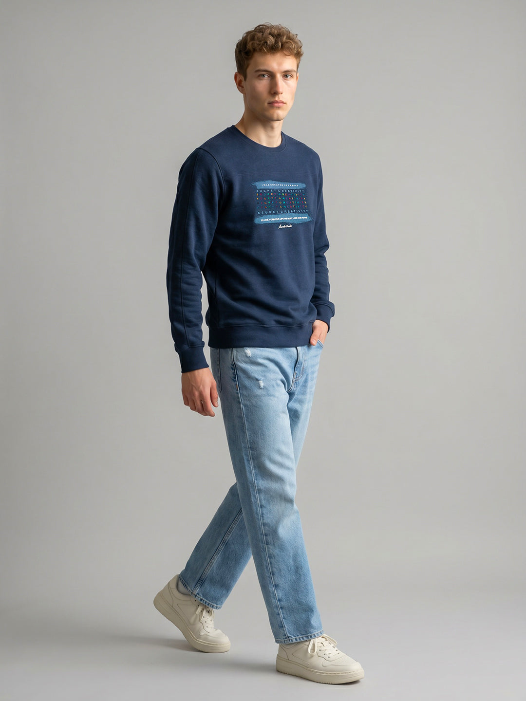 Men Blue Typography Print Round Neck Full Sleeve Sweatshirt