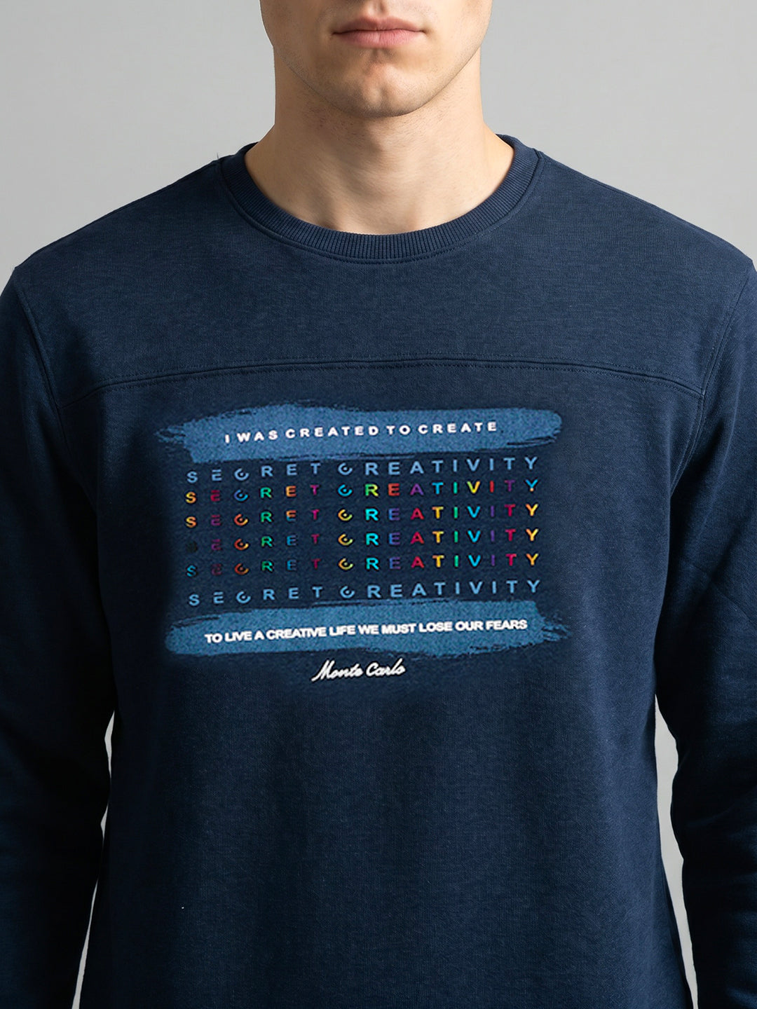 Men Blue Typography Print Round Neck Full Sleeve Sweatshirt