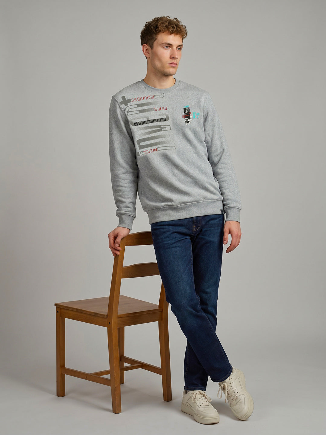 Men Grey Printed Round Neck Full Sleeve Sweatshirt