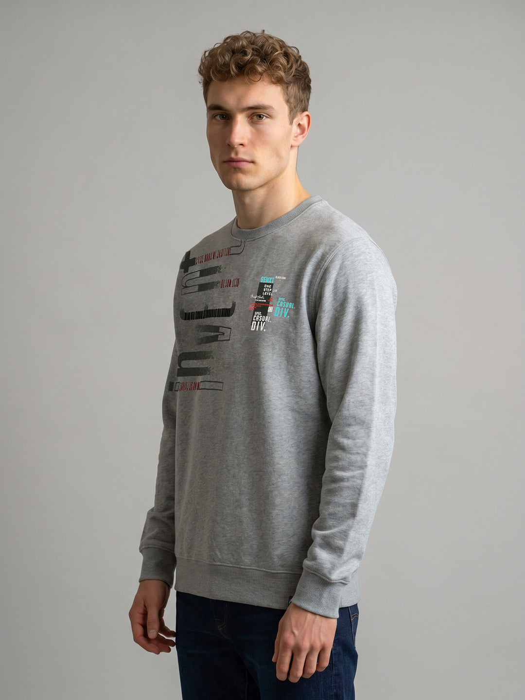 Men Grey Printed Round Neck Full Sleeve Sweatshirt