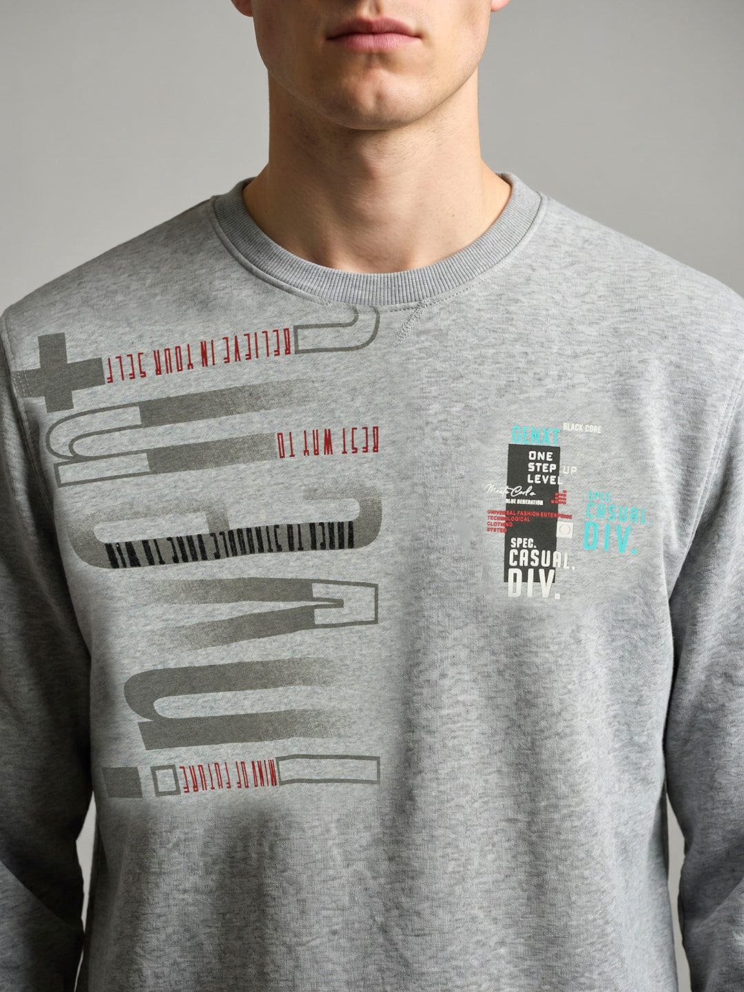 Men Grey Printed Round Neck Full Sleeve Sweatshirt