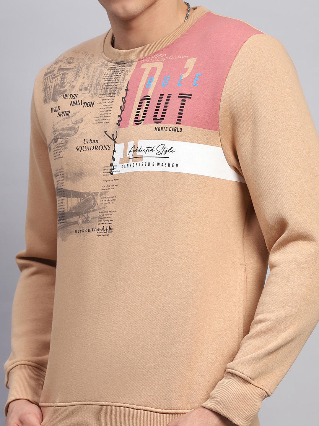 Men Beige Printed Round Neck Full Sleeve Sweatshirt
