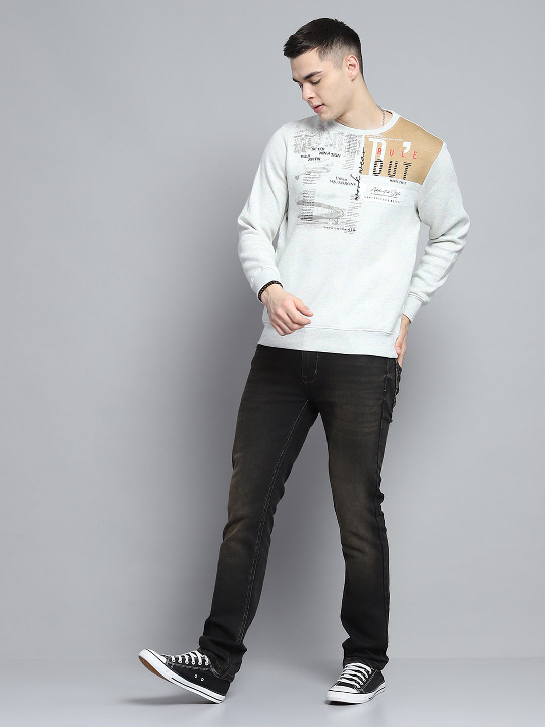 Men Grey Printed Round Neck Full Sleeve Sweatshirt