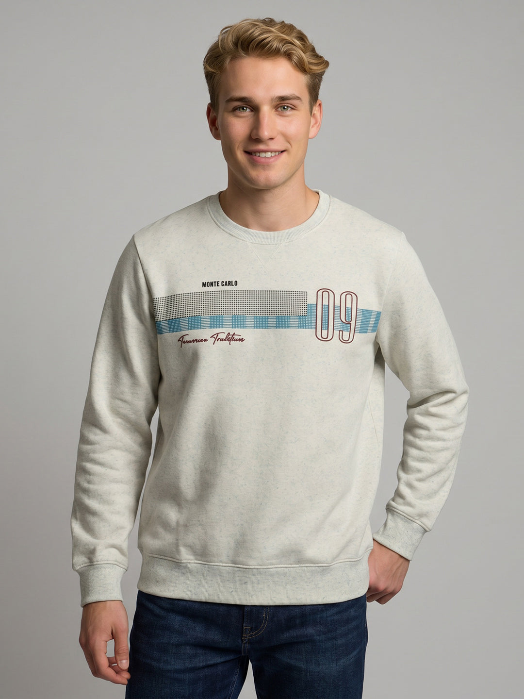Men Blue Printed Round Neck Full Sleeve Sweatshirt