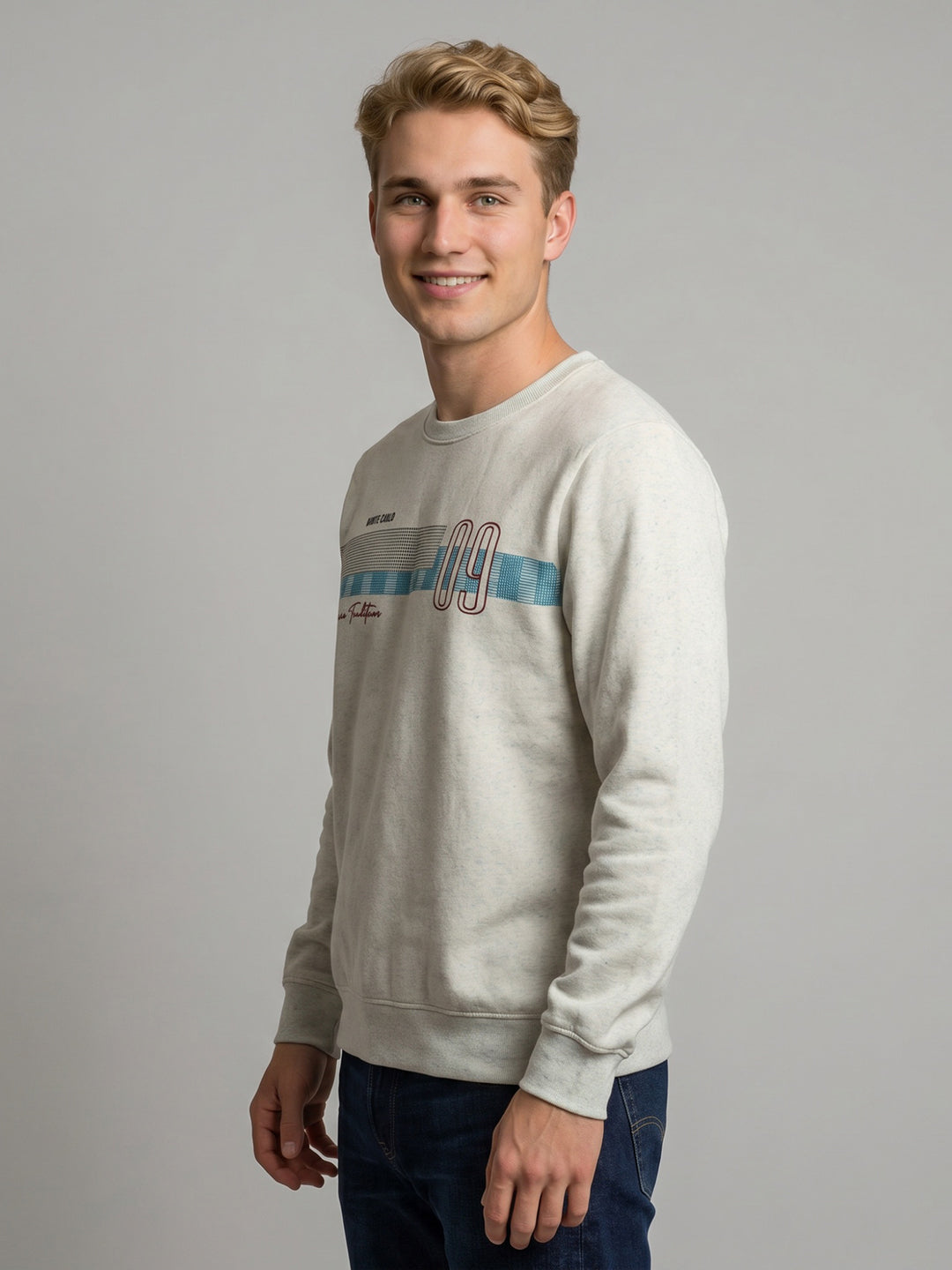 Men Blue Printed Round Neck Full Sleeve Sweatshirt