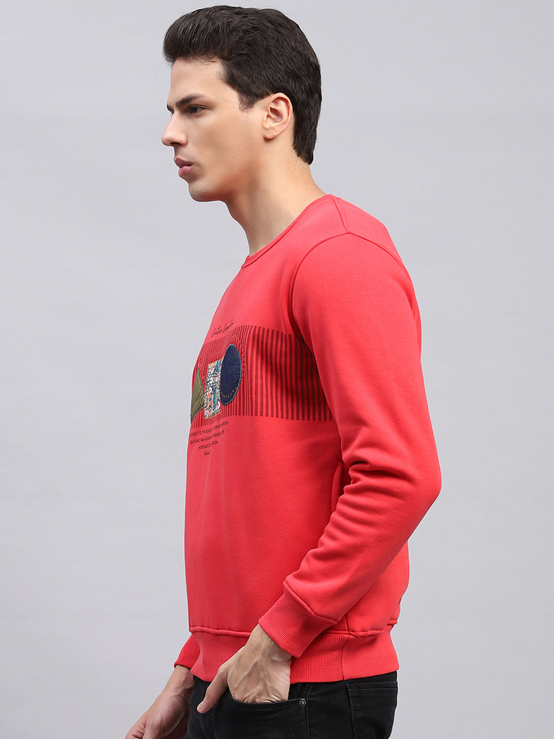 Men Red Printed Round Neck Full Sleeve Sweatshirt