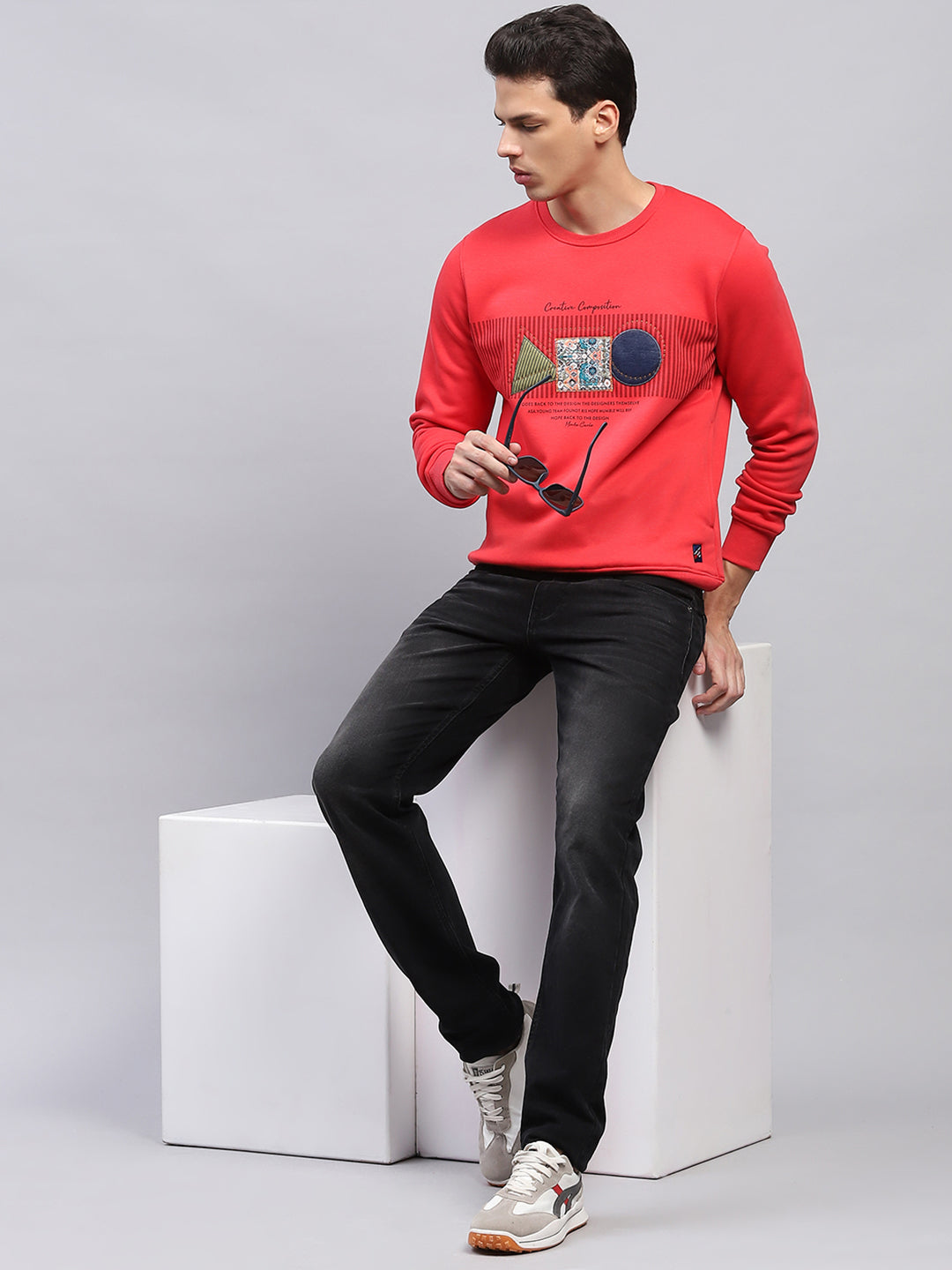 Men Red Printed Round Neck Full Sleeve Sweatshirt