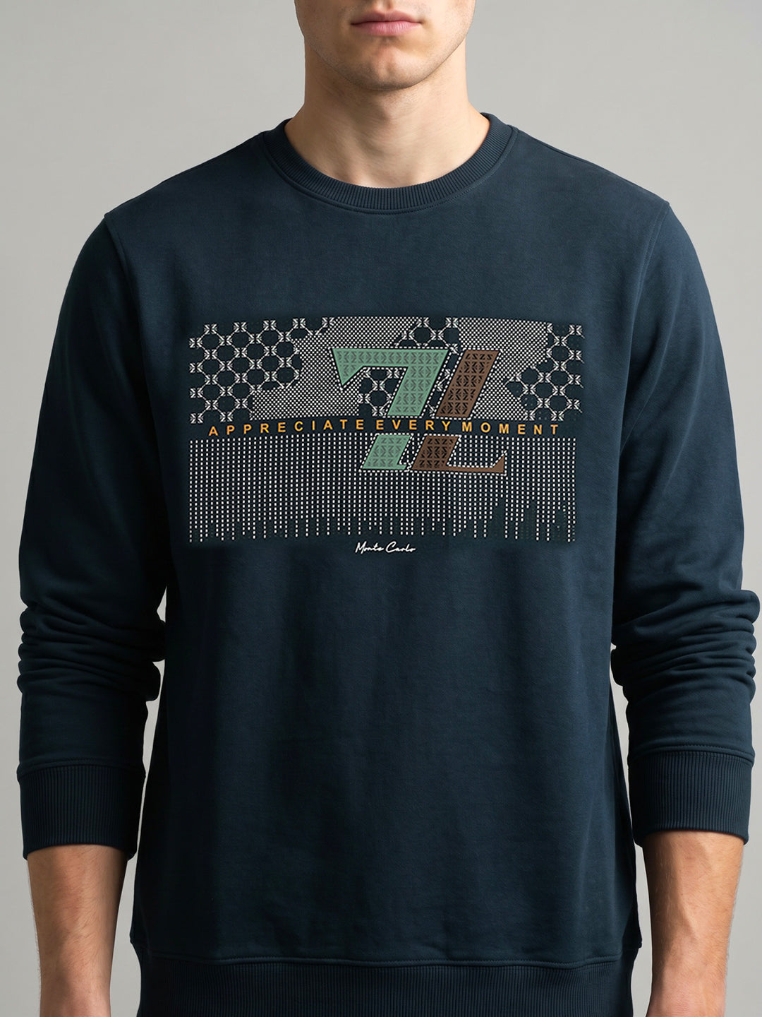 Men Navy Blue Printed Round Neck Full Sleeve Sweatshirt