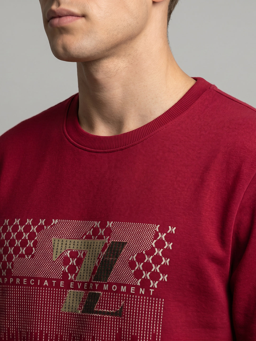 Men Red Printed Round Neck Full Sleeve Sweatshirt