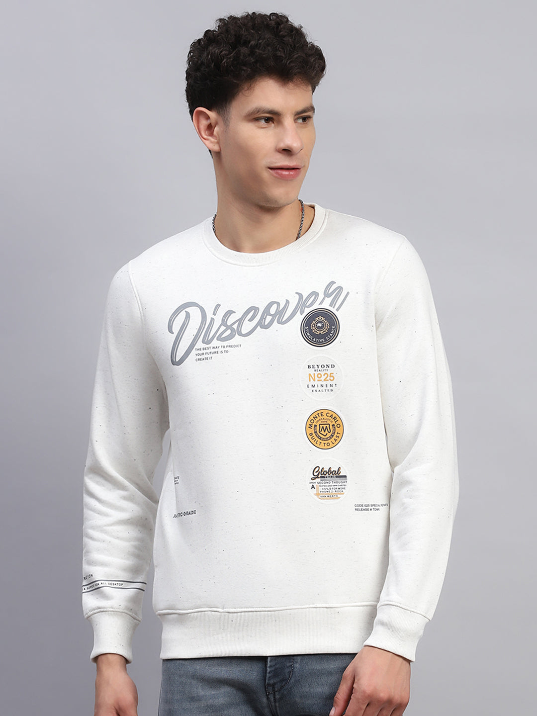 Men Off White Printed Round Neck Full Sleeve Sweatshirt
