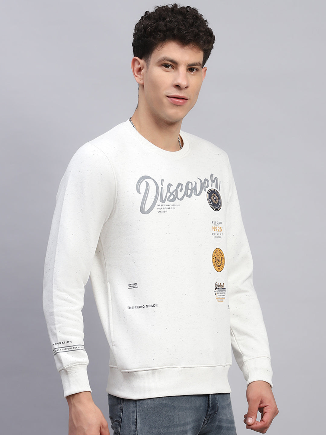 Men Off White Printed Round Neck Full Sleeve Sweatshirt