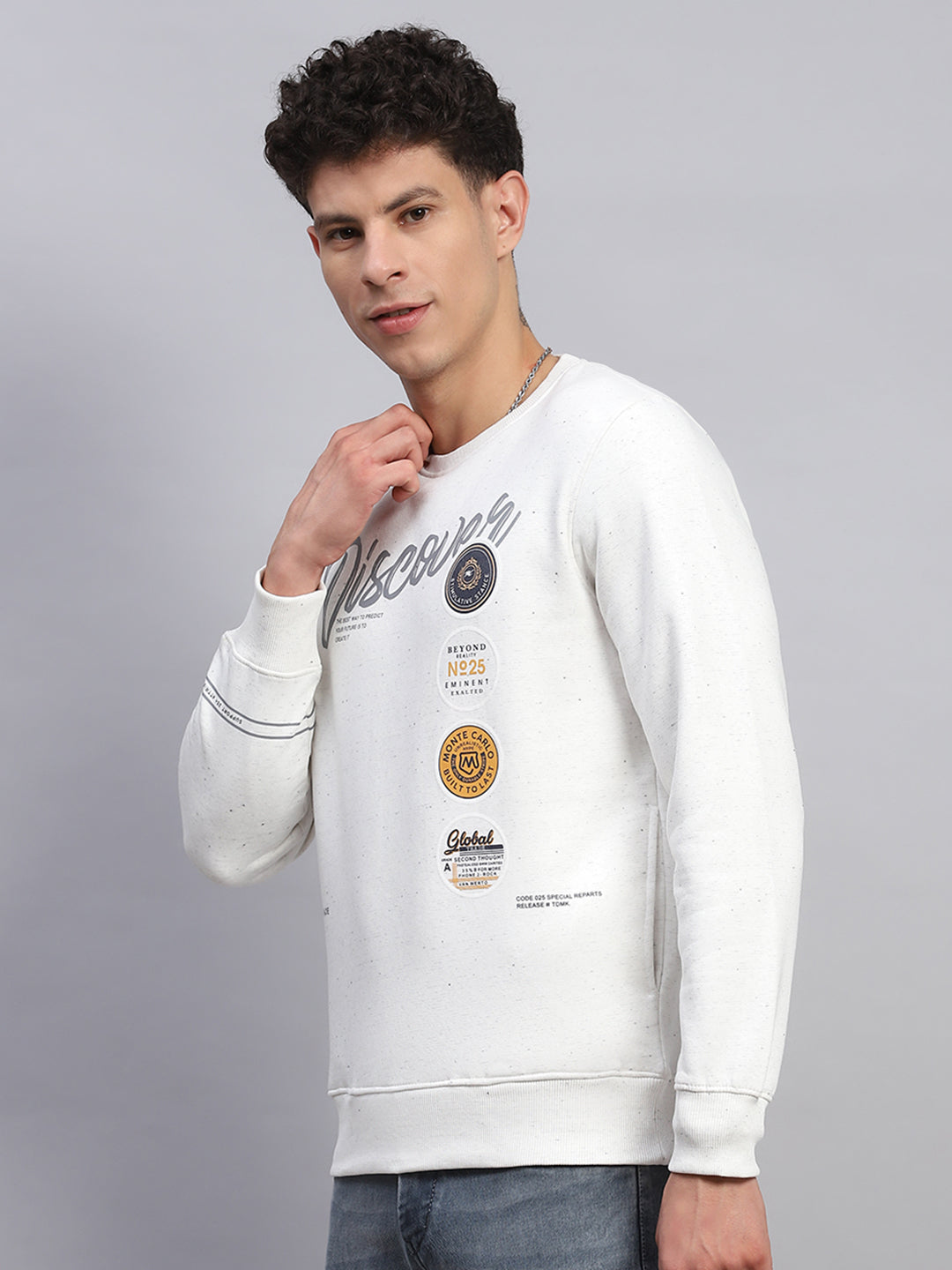 Men Off White Printed Round Neck Full Sleeve Sweatshirt