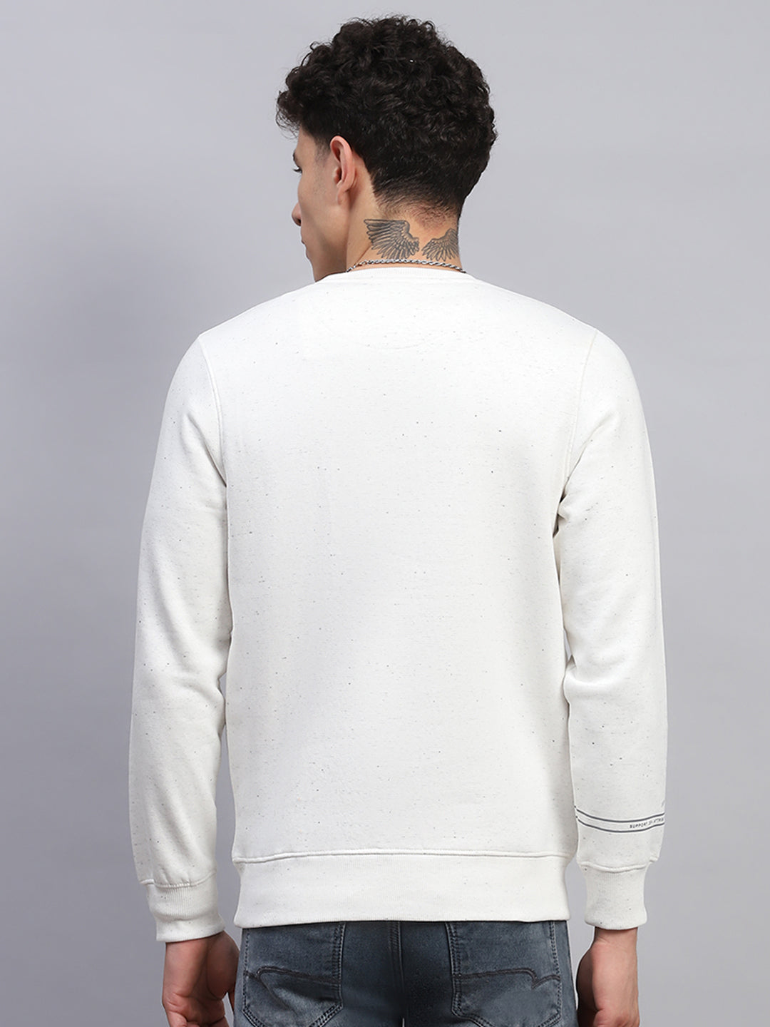 Men Off White Printed Round Neck Full Sleeve Sweatshirt