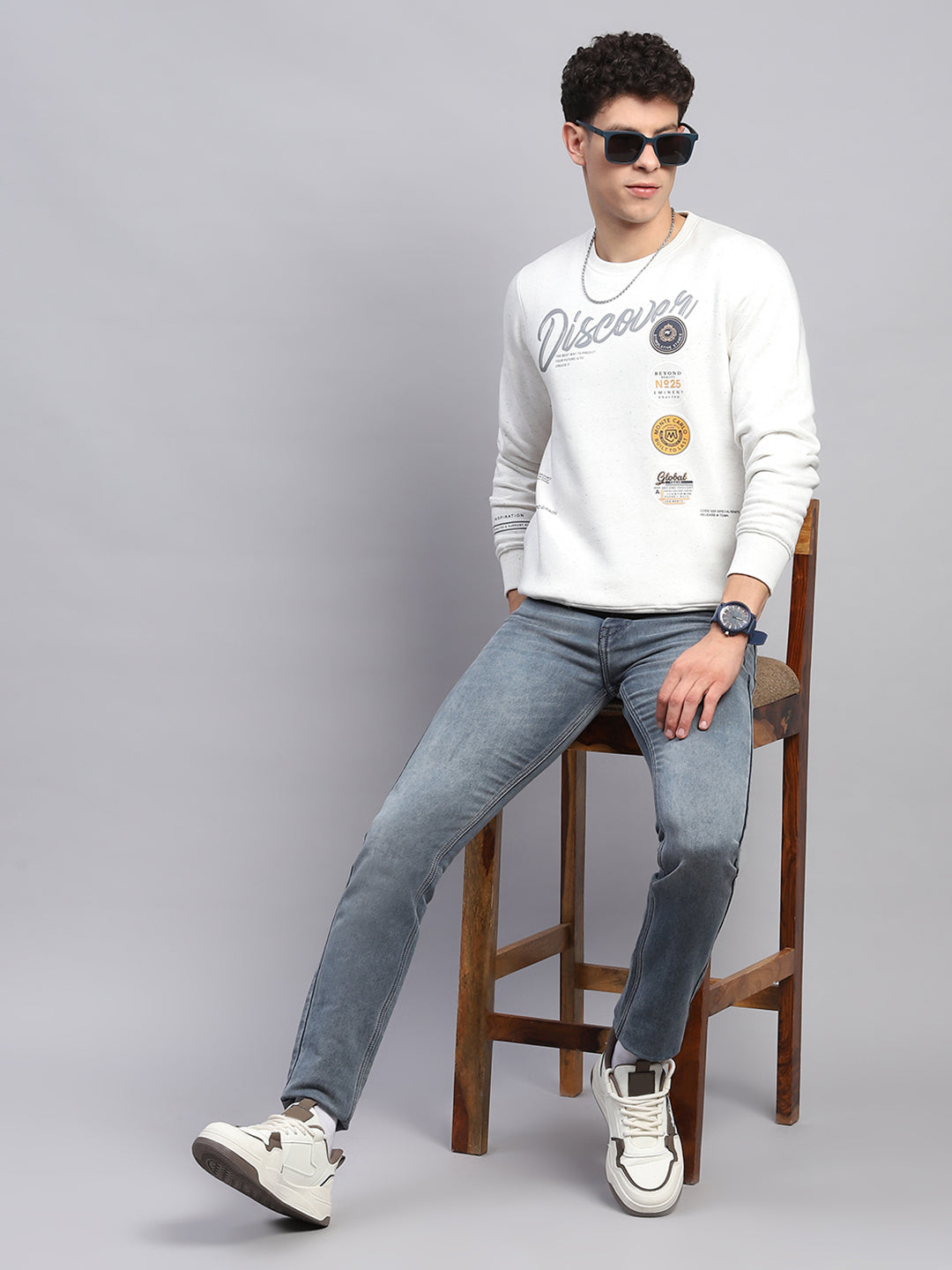 Men Off White Printed Round Neck Full Sleeve Sweatshirt