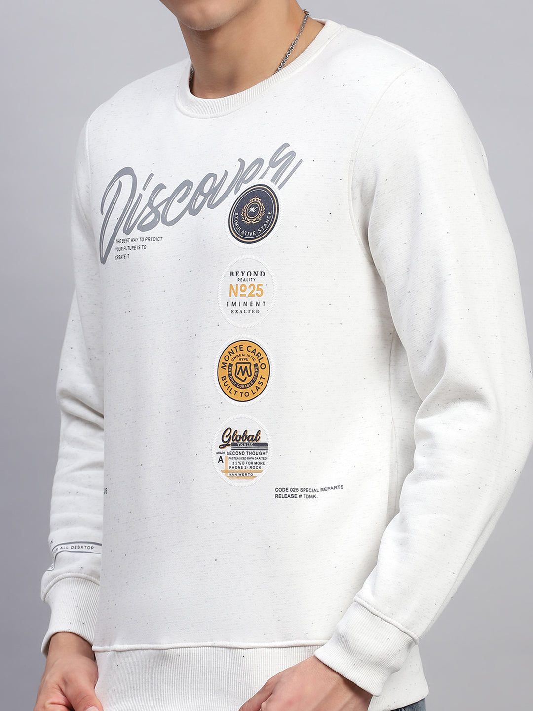 Men Off White Printed Round Neck Full Sleeve Sweatshirt