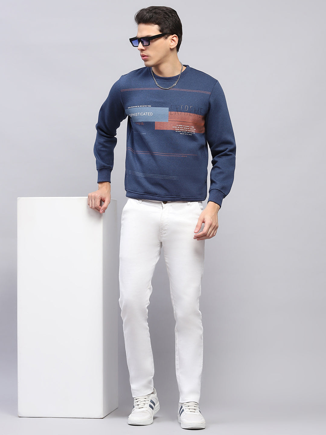Men Blue Printed Round Neck Full Sleeve Sweatshirt