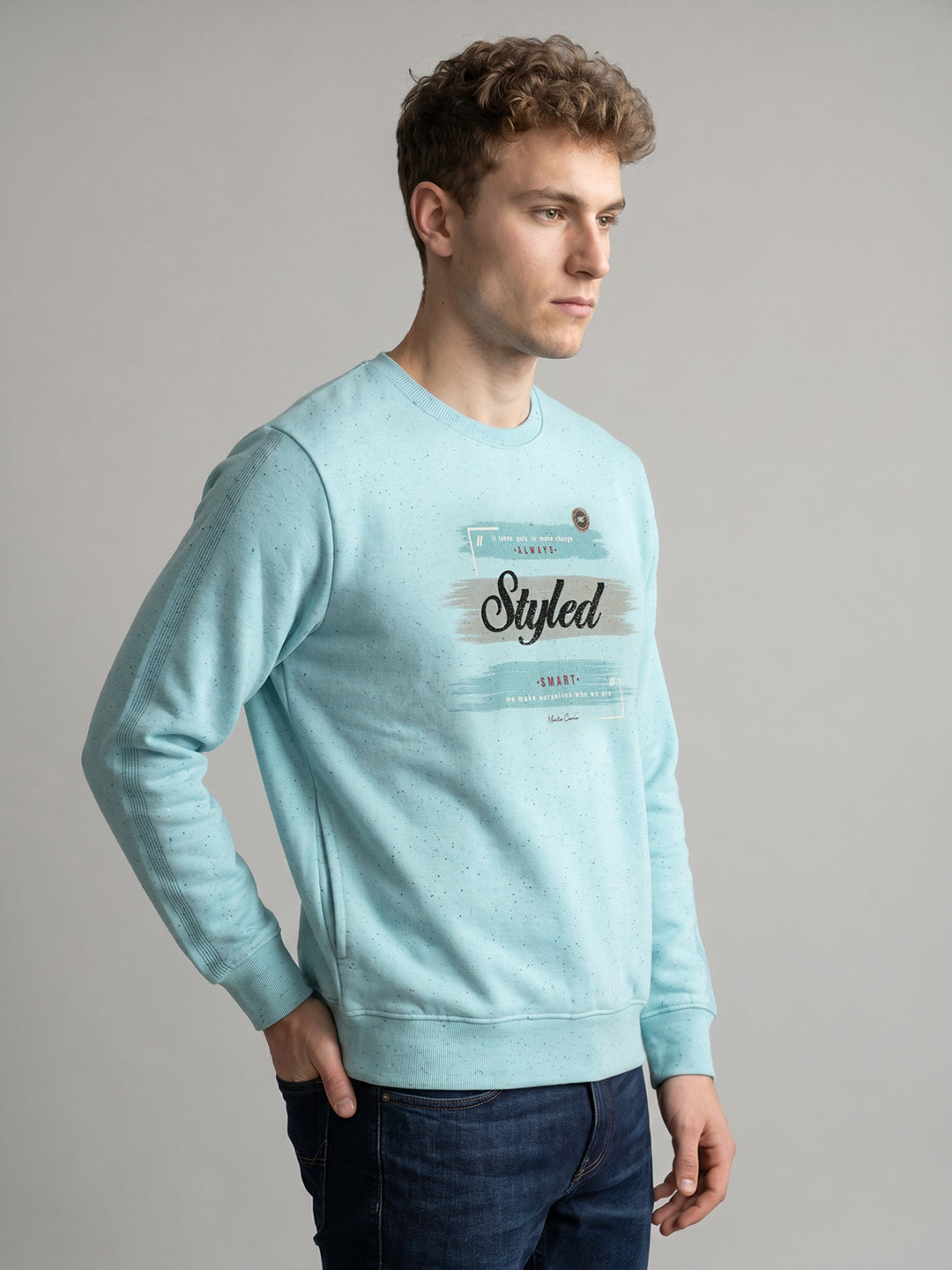 Men Sky Blue Printed Round Neck Full Sleeve Sweatshirt