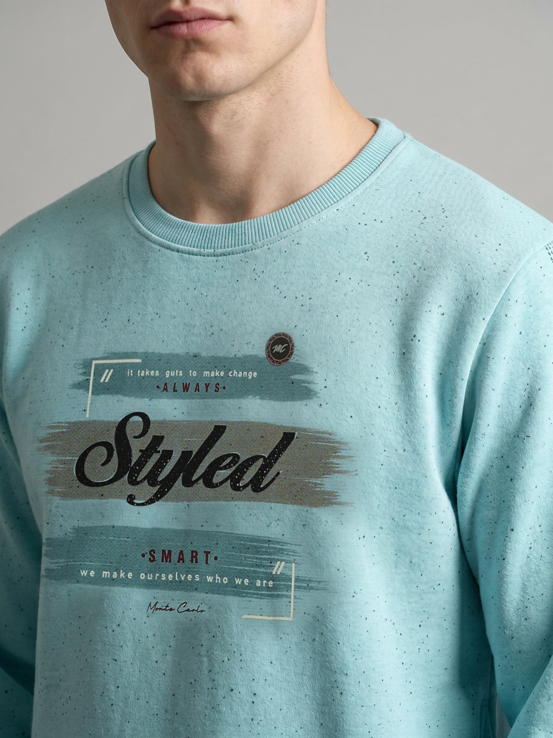 Men Sky Blue Printed Round Neck Full Sleeve Sweatshirt