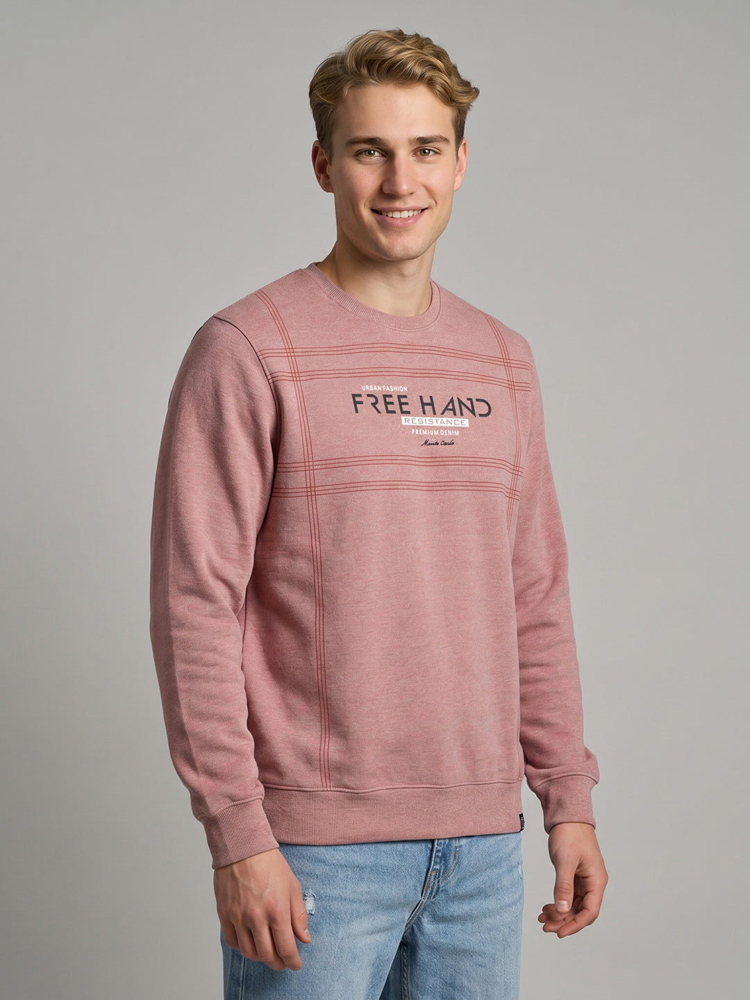 Men Pink Printed Round Neck Full Sleeve Sweatshirt
