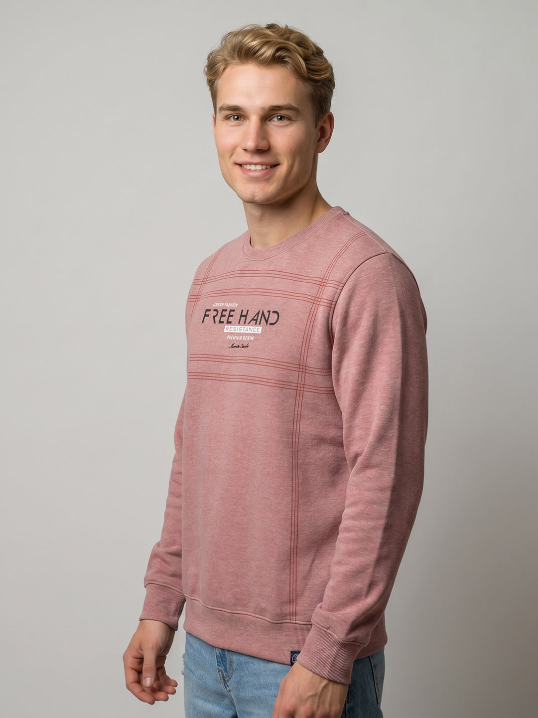 Men Pink Printed Round Neck Full Sleeve Sweatshirt