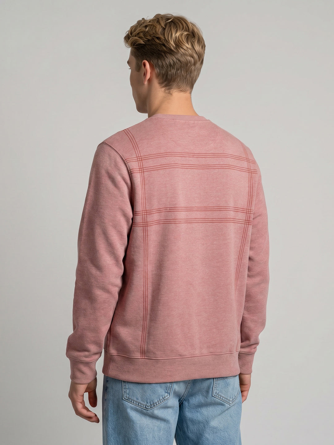 Men Pink Printed Round Neck Full Sleeve Sweatshirt