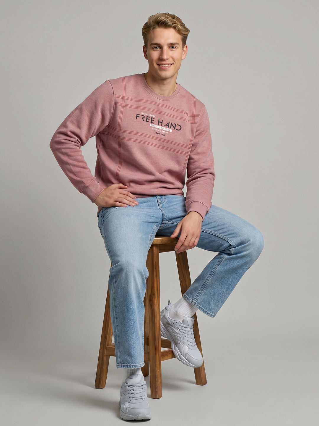 Men Pink Printed Round Neck Full Sleeve Sweatshirt