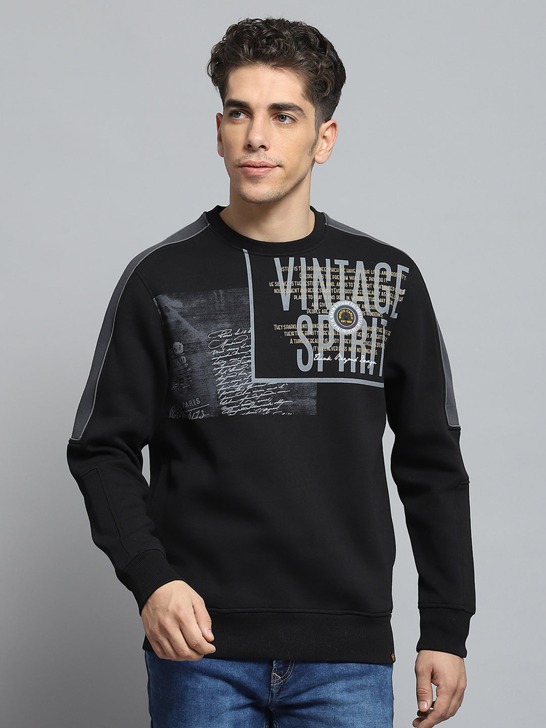 Men Black Printed Round Neck Full Sleeve Sweatshirt