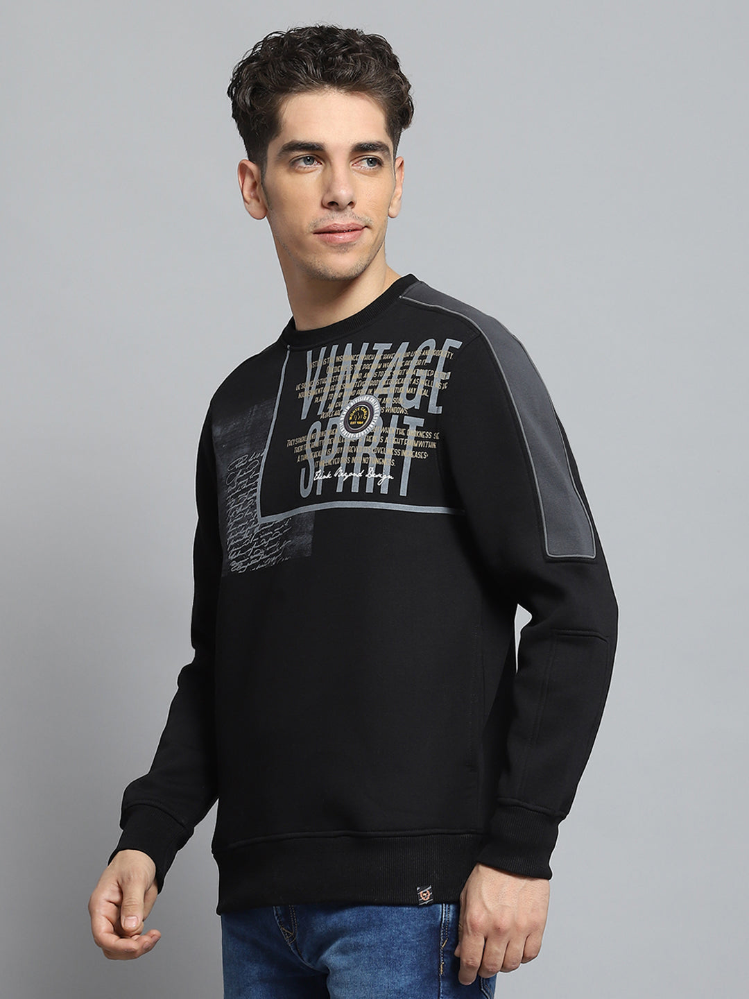 Men Black Printed Round Neck Full Sleeve Sweatshirt