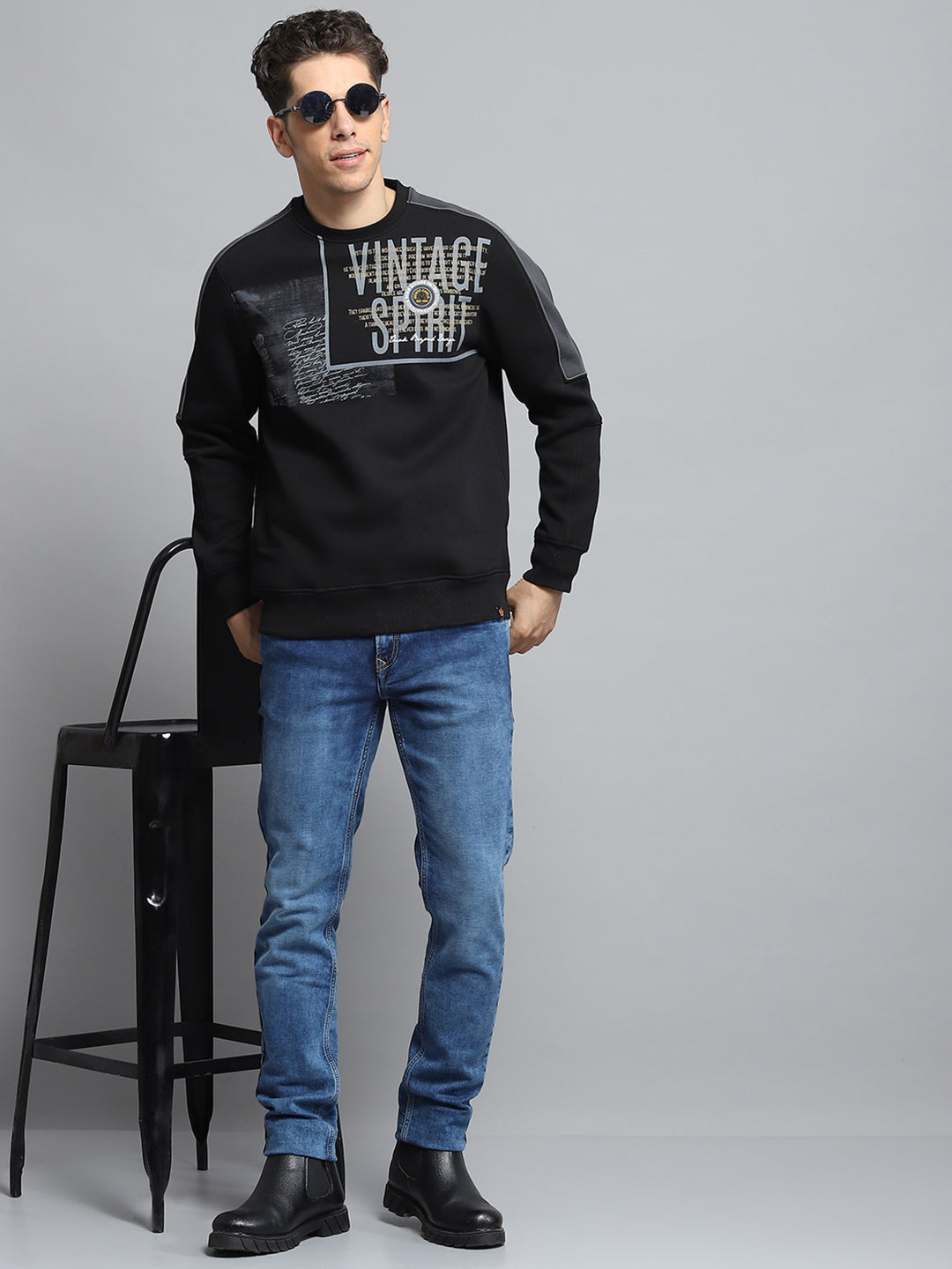 Men Black Printed Round Neck Full Sleeve Sweatshirt