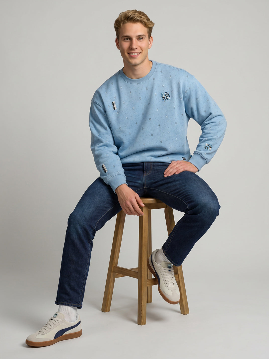 Men Sky Blue Printed Round Neck Full Sleeve Sweatshirt