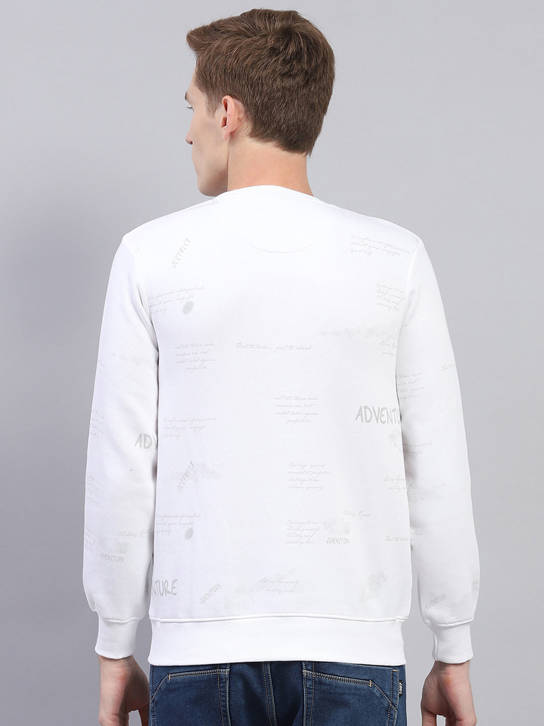 Men White Printed Round Neck Full Sleeve Sweatshirt