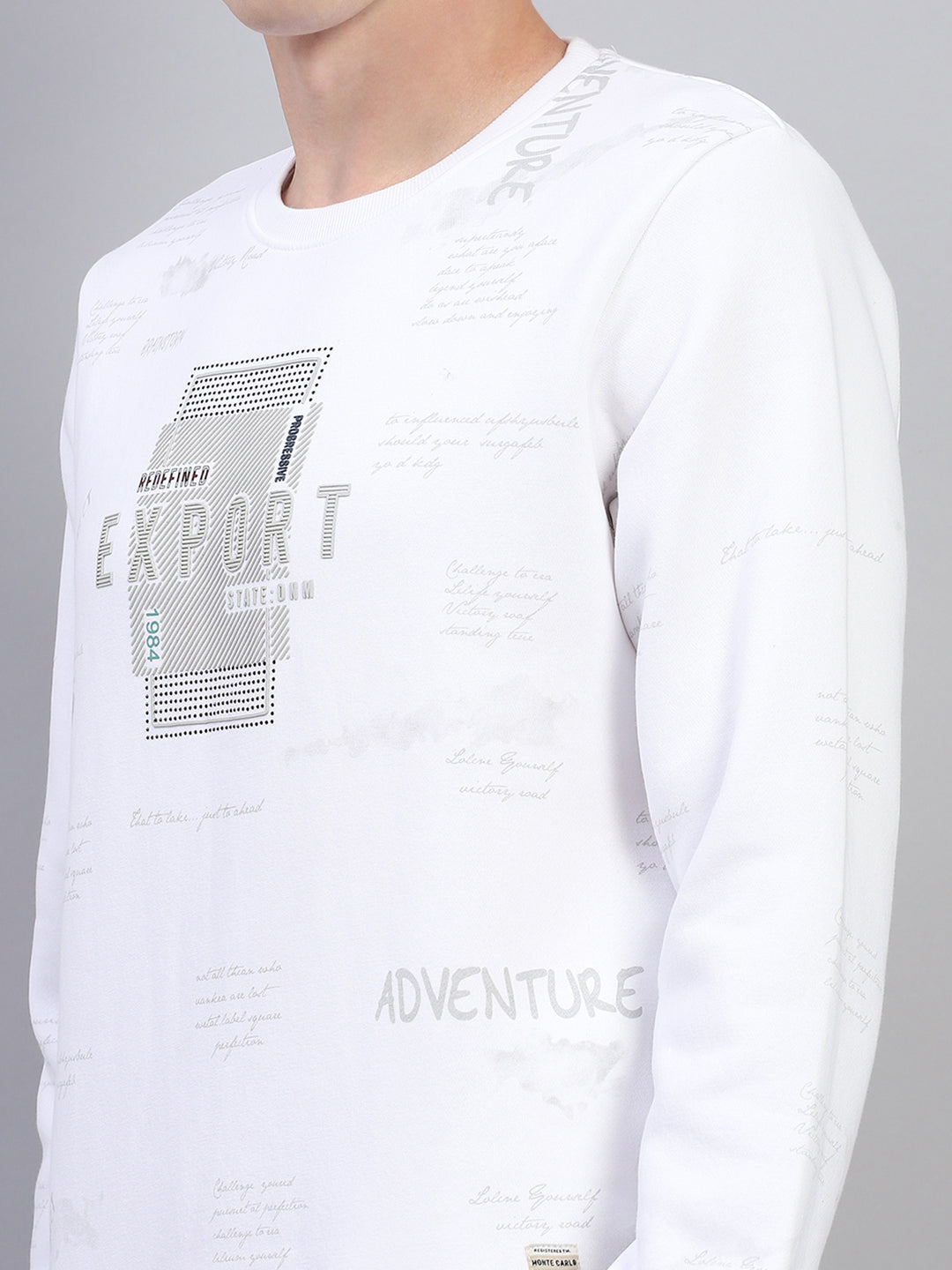 Men White Printed Round Neck Full Sleeve Sweatshirt