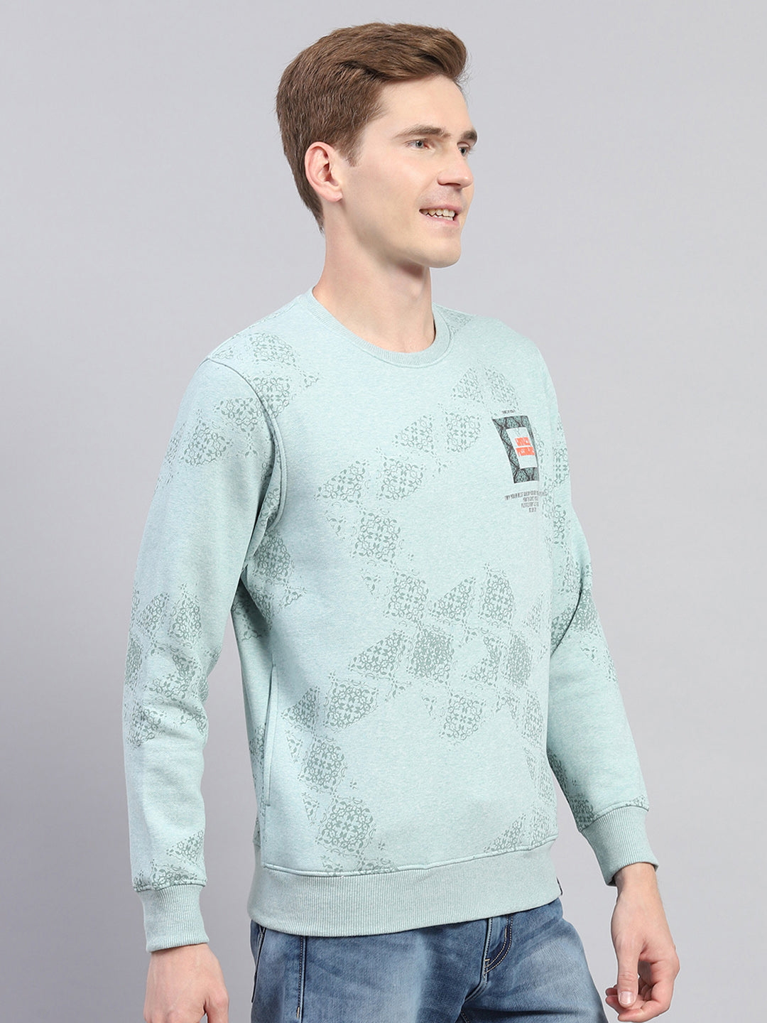Men Sky Blue Printed Round Neck Full Sleeve Sweatshirt