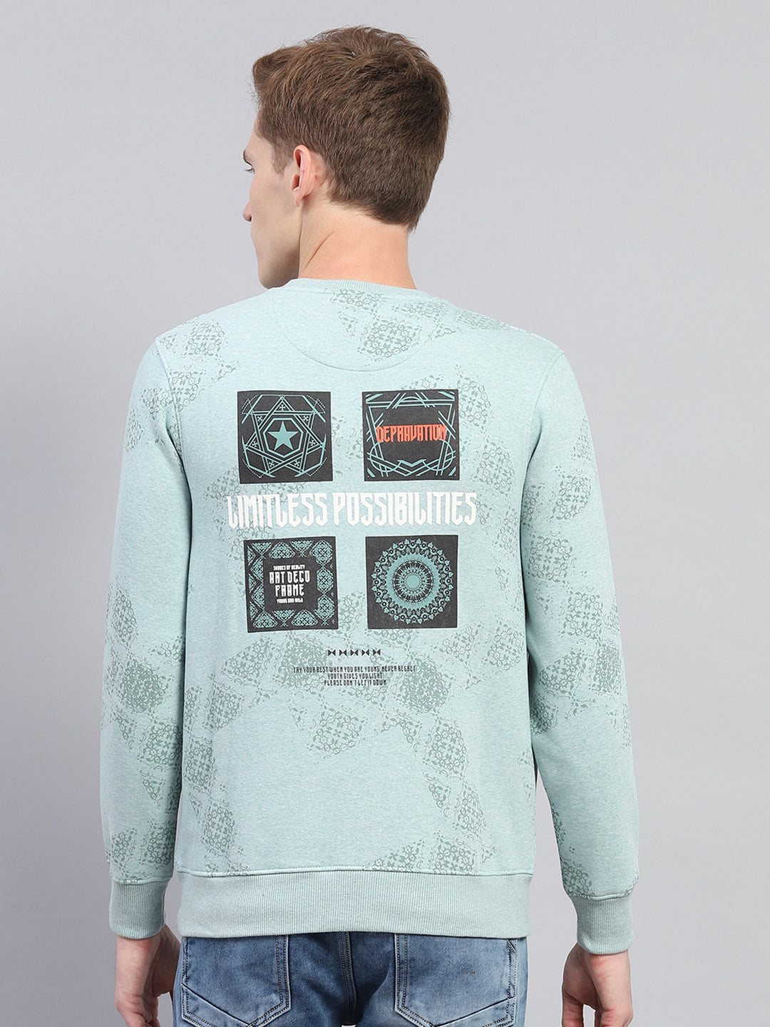Men Sky Blue Printed Round Neck Full Sleeve Sweatshirt