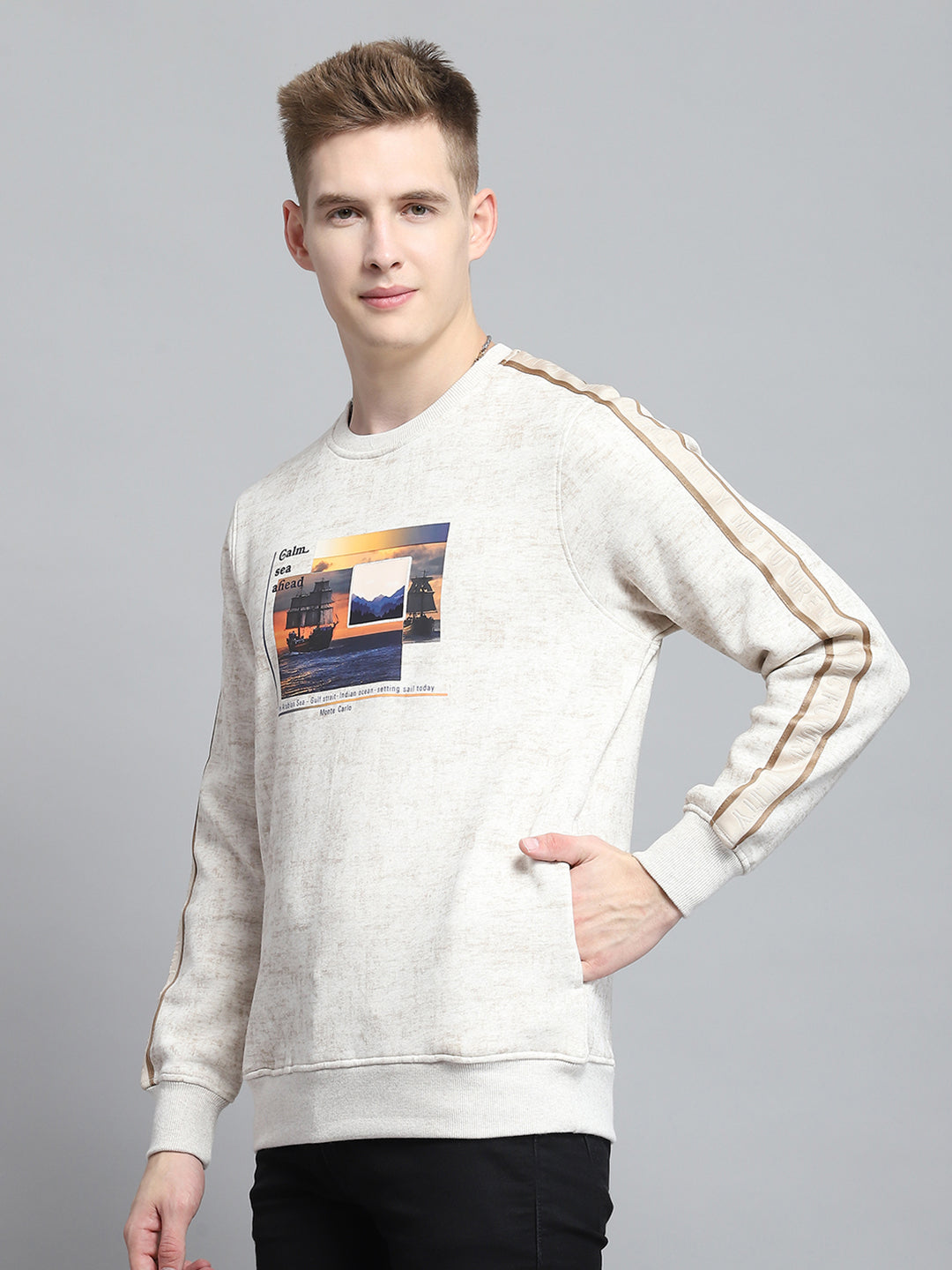 Men Beige Printed Round Neck Full Sleeve Sweatshirt